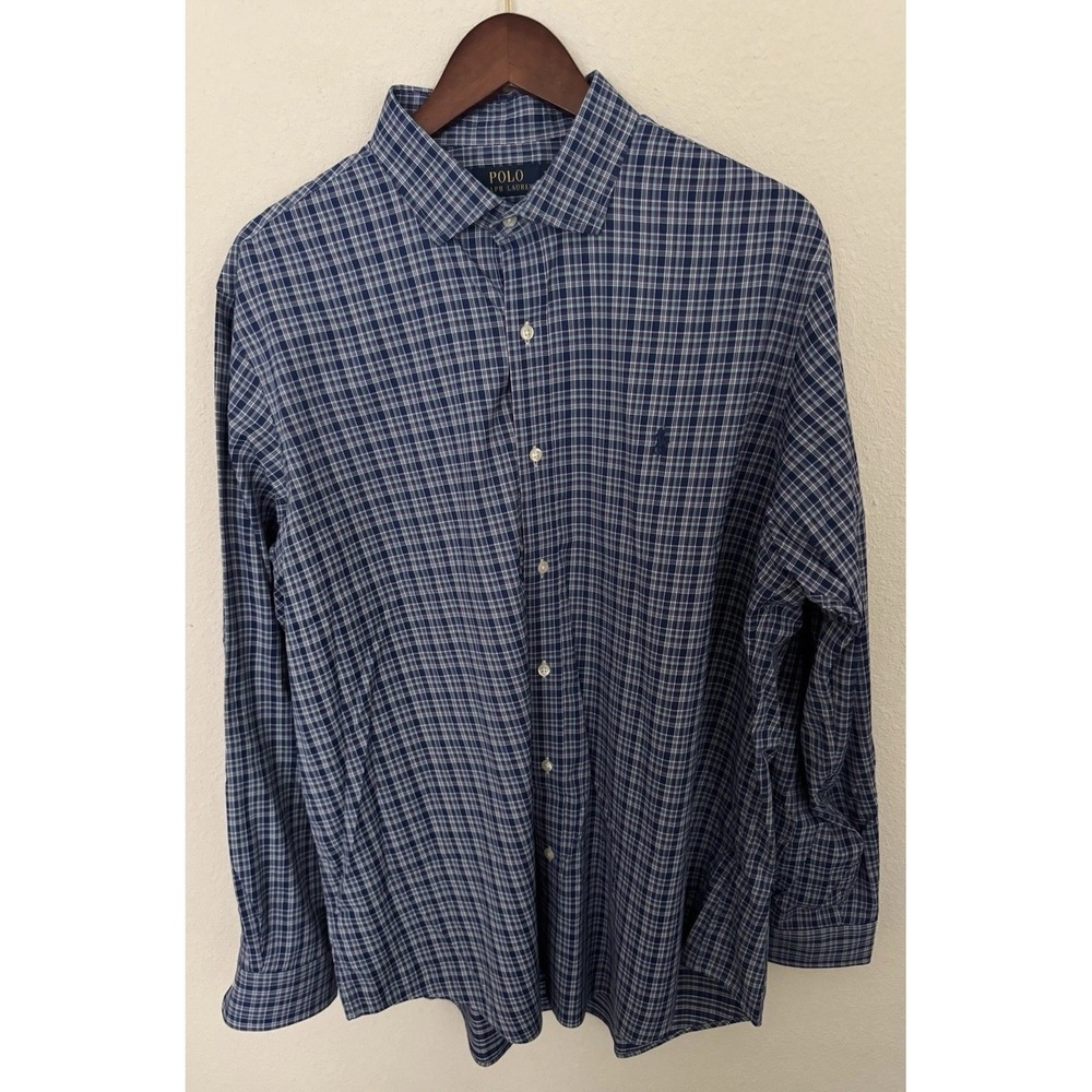 Polo Ralph Lauren Performance Shirt Men's XL  (17x35) Blue Plaid Classic EUC